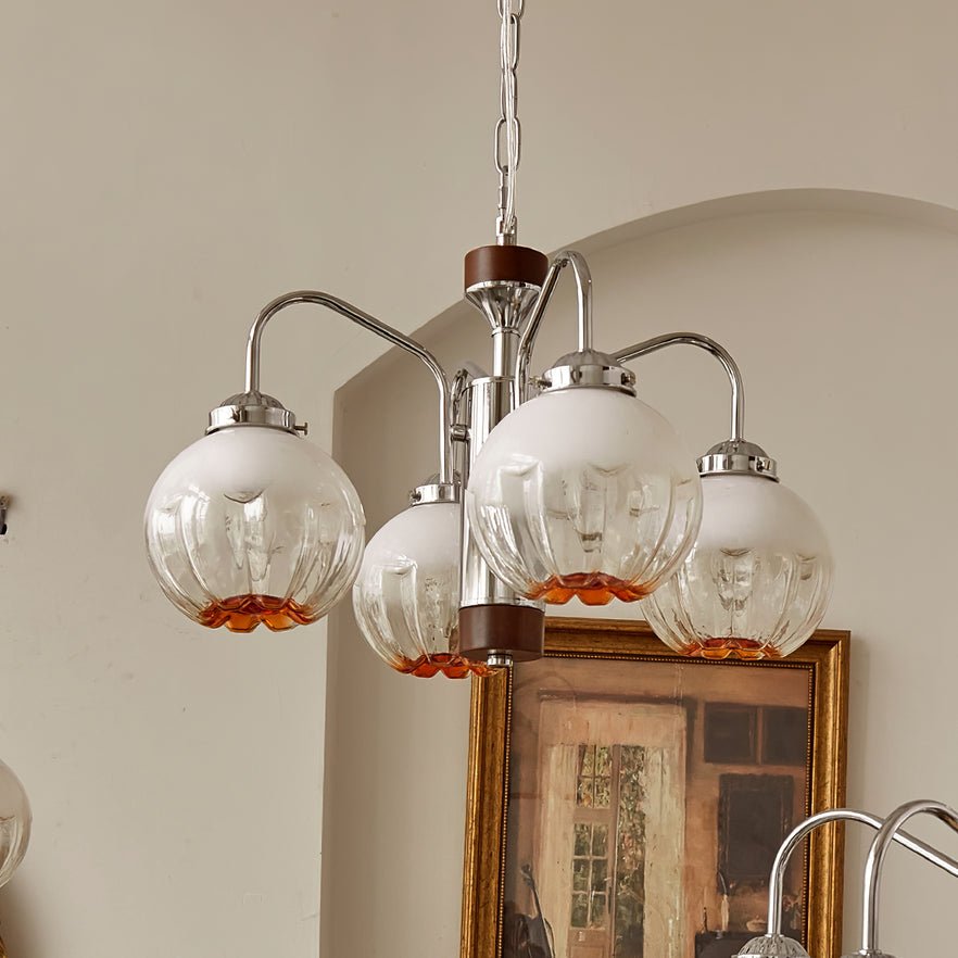 Modern Walnut Wood Flower Bud Chandelier with Frosted Glass Shades and Chrome Finish