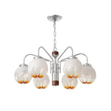 Modern Walnut Wood Flower Bud Chandelier with Frosted Glass Shades and Chrome Finish