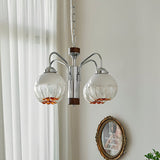 Modern Walnut Wood Flower Bud Chandelier with Frosted Glass Shades and Chrome Finish