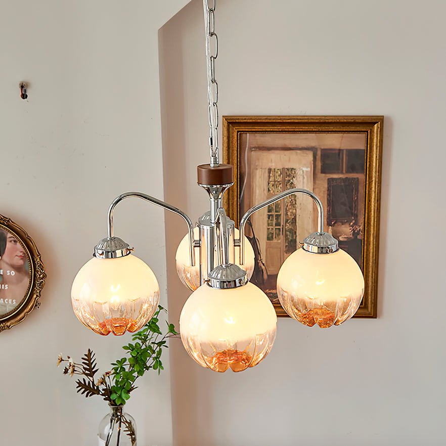 Modern Walnut Wood Flower Bud Chandelier with Frosted Glass Shades and Chrome Finish
