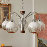 Modern Walnut Wood Flower Bud Chandelier with Frosted Glass Shades and Chrome Finish