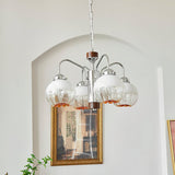 Modern Walnut Wood Flower Bud Chandelier with Frosted Glass Shades and Chrome Finish