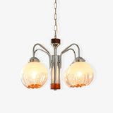Modern Walnut Wood Flower Bud Chandelier with Frosted Glass Shades and Chrome Finish
