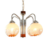 Modern Walnut Wood Flower Bud Chandelier with Frosted Glass Shades and Chrome Finish