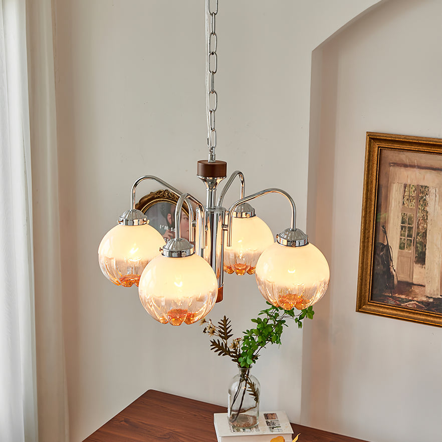 Modern Walnut Wood Flower Bud Chandelier with Frosted Glass Shades and Chrome Finish