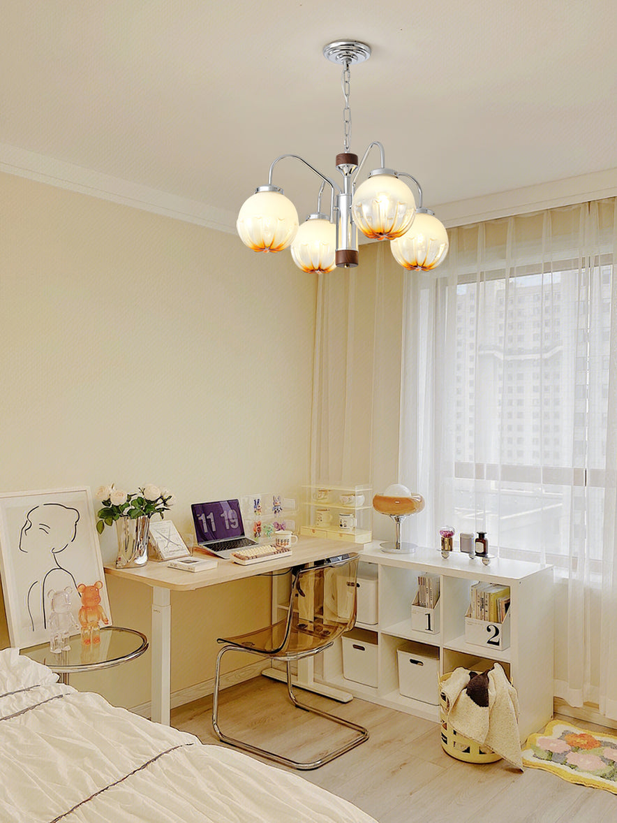 Modern Walnut Wood Flower Bud Chandelier with Frosted Glass Shades and Chrome Finish
