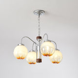 Modern Walnut Wood Flower Bud Chandelier with Frosted Glass Shades and Chrome Finish