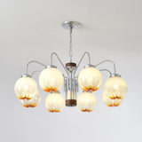 Modern Walnut Wood Flower Bud Chandelier with Frosted Glass Shades and Chrome Finish