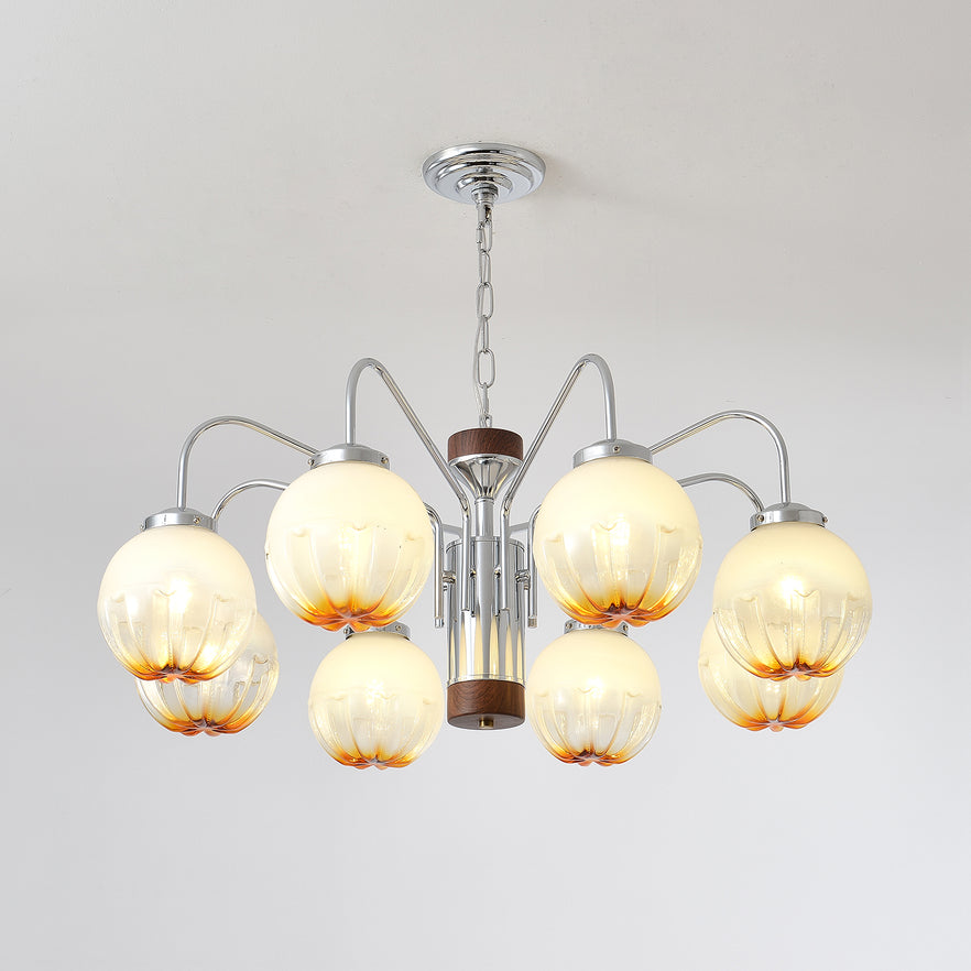 Modern Walnut Wood Flower Bud Chandelier with Frosted Glass Shades and Chrome Finish