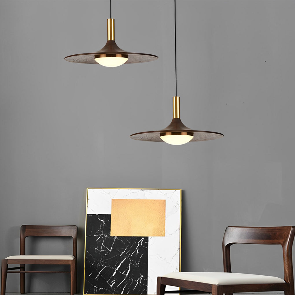Modern Walnut Wood Flying Saucer Pendant Light Nordic LED Hanging Chandelier for Dining Room