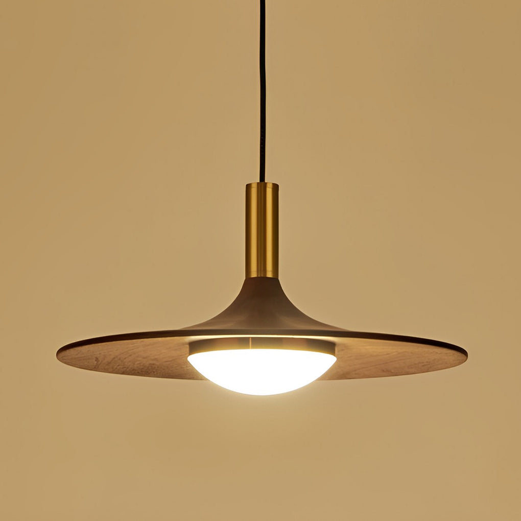 Modern Walnut Wood Flying Saucer Pendant Light Nordic LED Hanging Chandelier for Dining Room