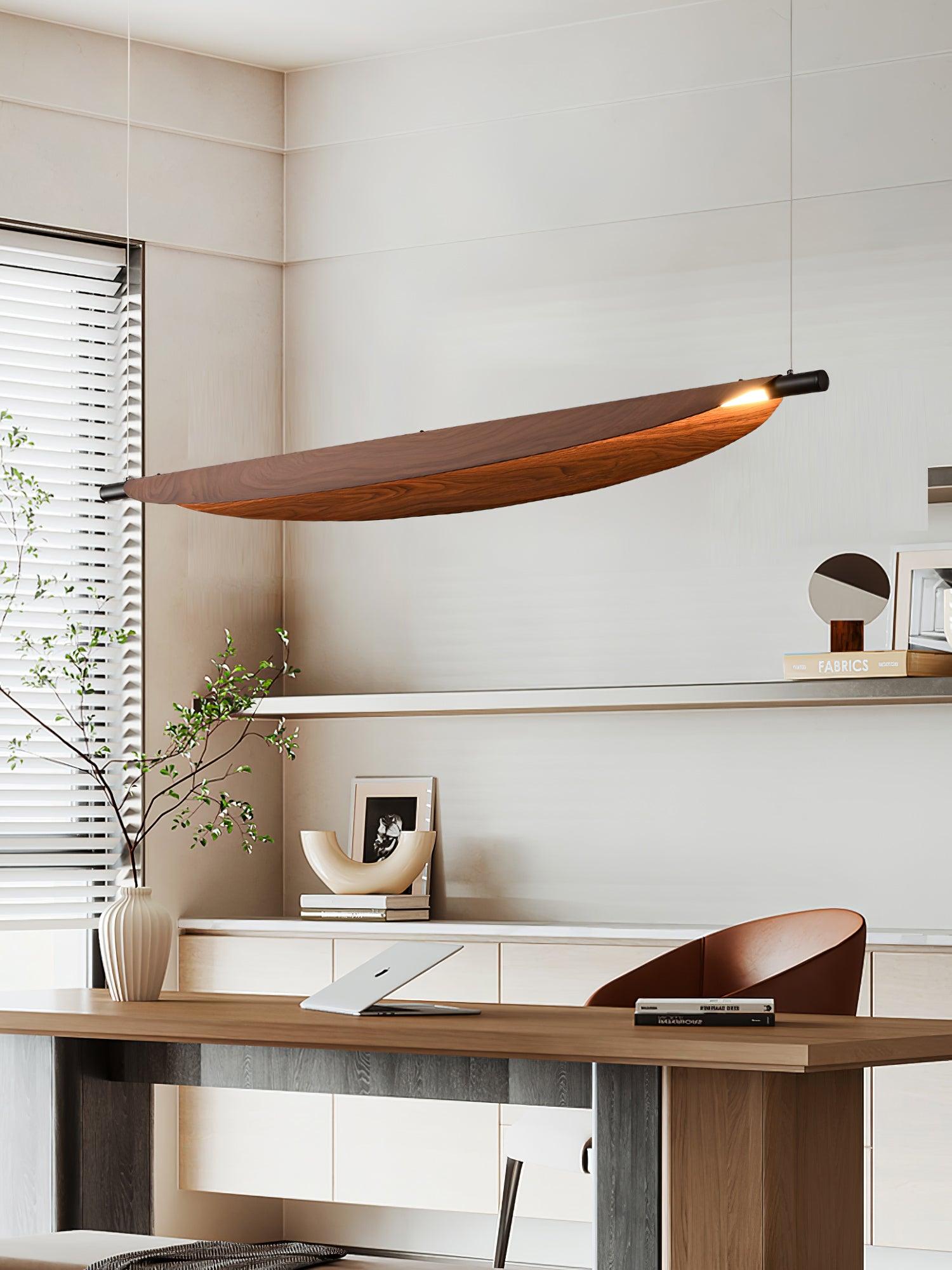 Modern Walnut Wood Grain LED Board Pendant Light for Office and Dining Room