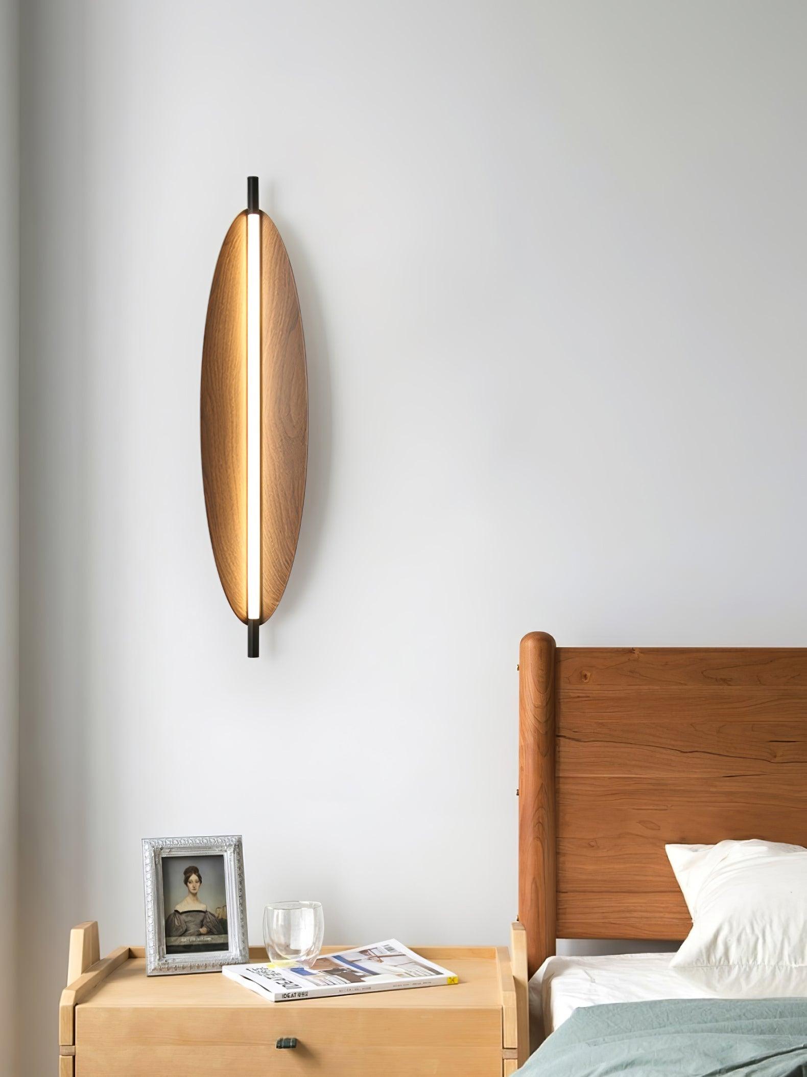 Modern Walnut Wood Grain LED Wall Sconce with Sleek Minimalist Board Design and Warm Lighting