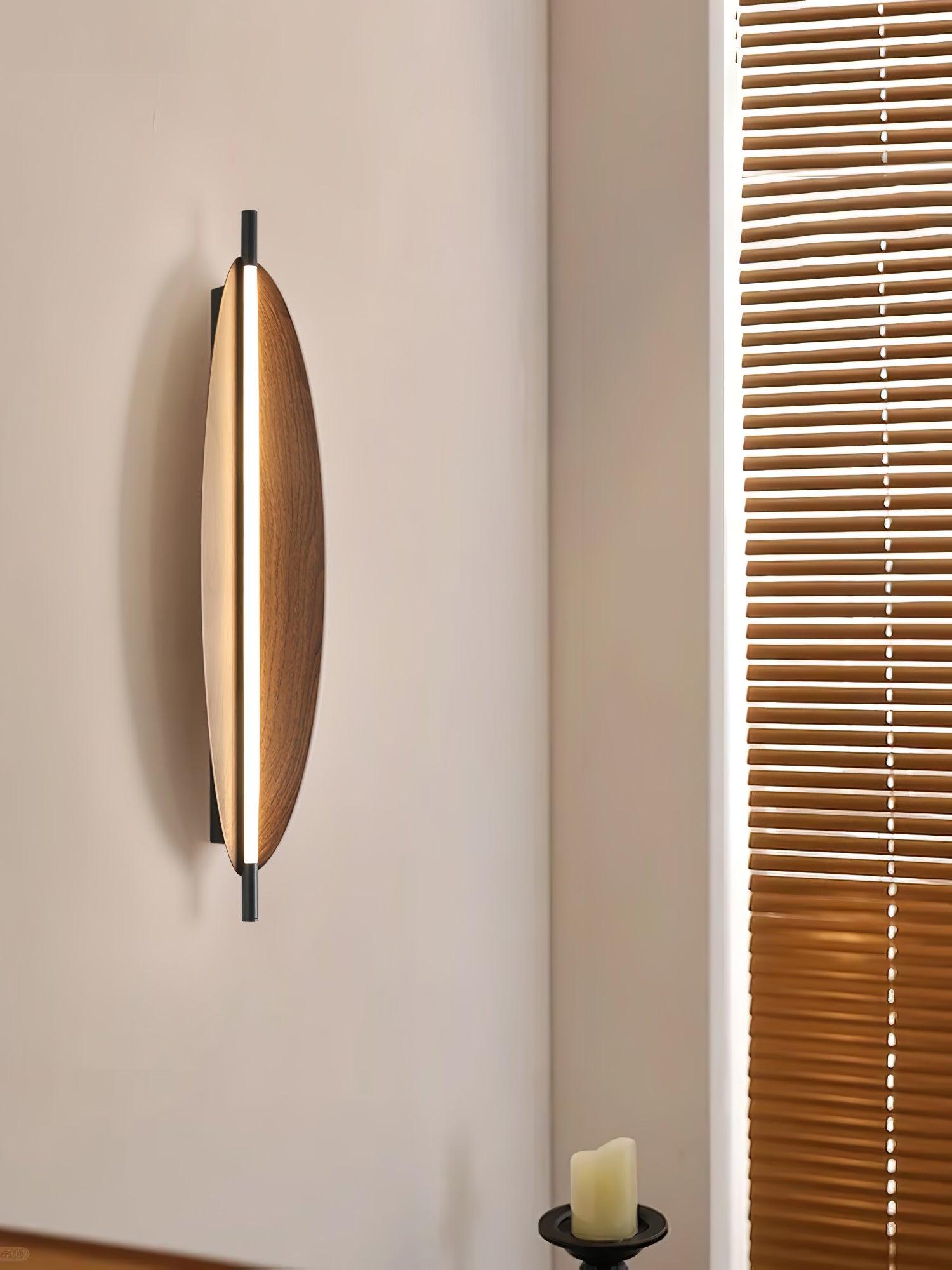 Modern Walnut Wood Grain LED Wall Sconce with Sleek Minimalist Board Design and Warm Lighting