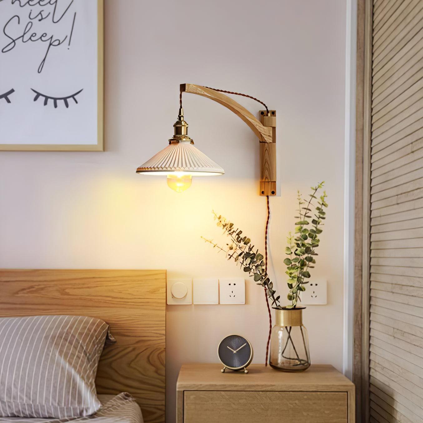 Modern Walnut Wood Swing Arm Wall Light with White Pleated Ceramic Shade