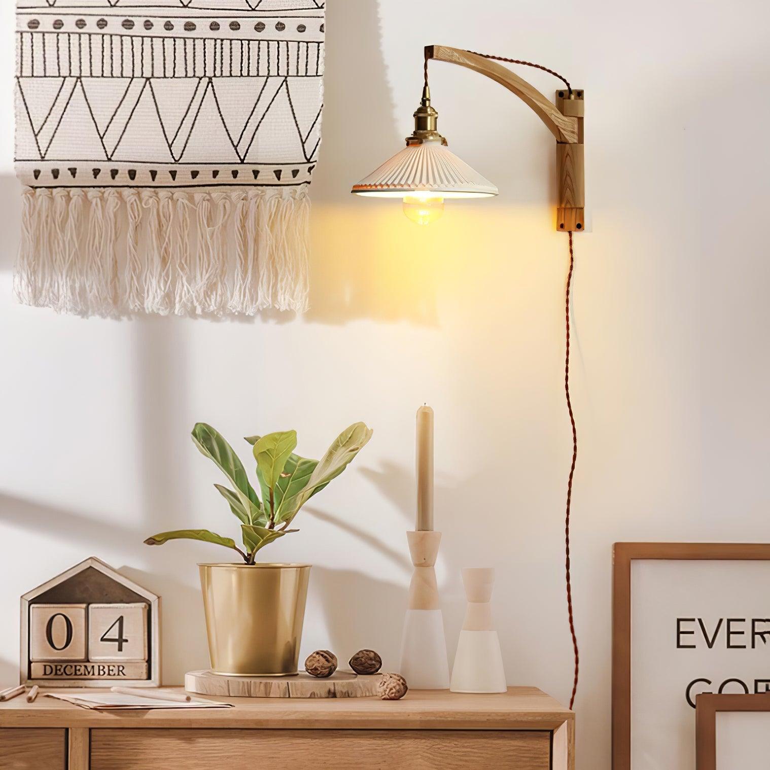 Modern Walnut Wood Swing Arm Wall Light with White Pleated Ceramic Shade