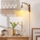 Modern Walnut Wood Swing Arm Wall Light with White Pleated Ceramic Shade
