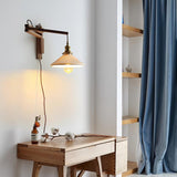 Modern Walnut Wood Swing Arm Wall Light with White Pleated Ceramic Shade