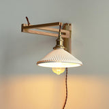 Modern Walnut Wood Swing Arm Wall Light with White Pleated Ceramic Shade