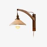 Modern Walnut Wood Swing Arm Wall Light with White Pleated Ceramic Shade