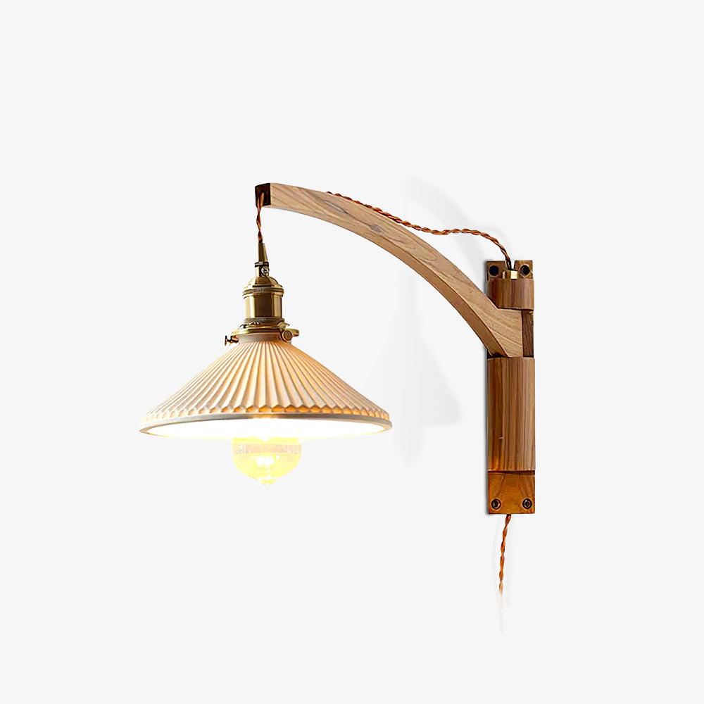 Modern Walnut Wood Swing Arm Wall Light with White Pleated Ceramic Shade