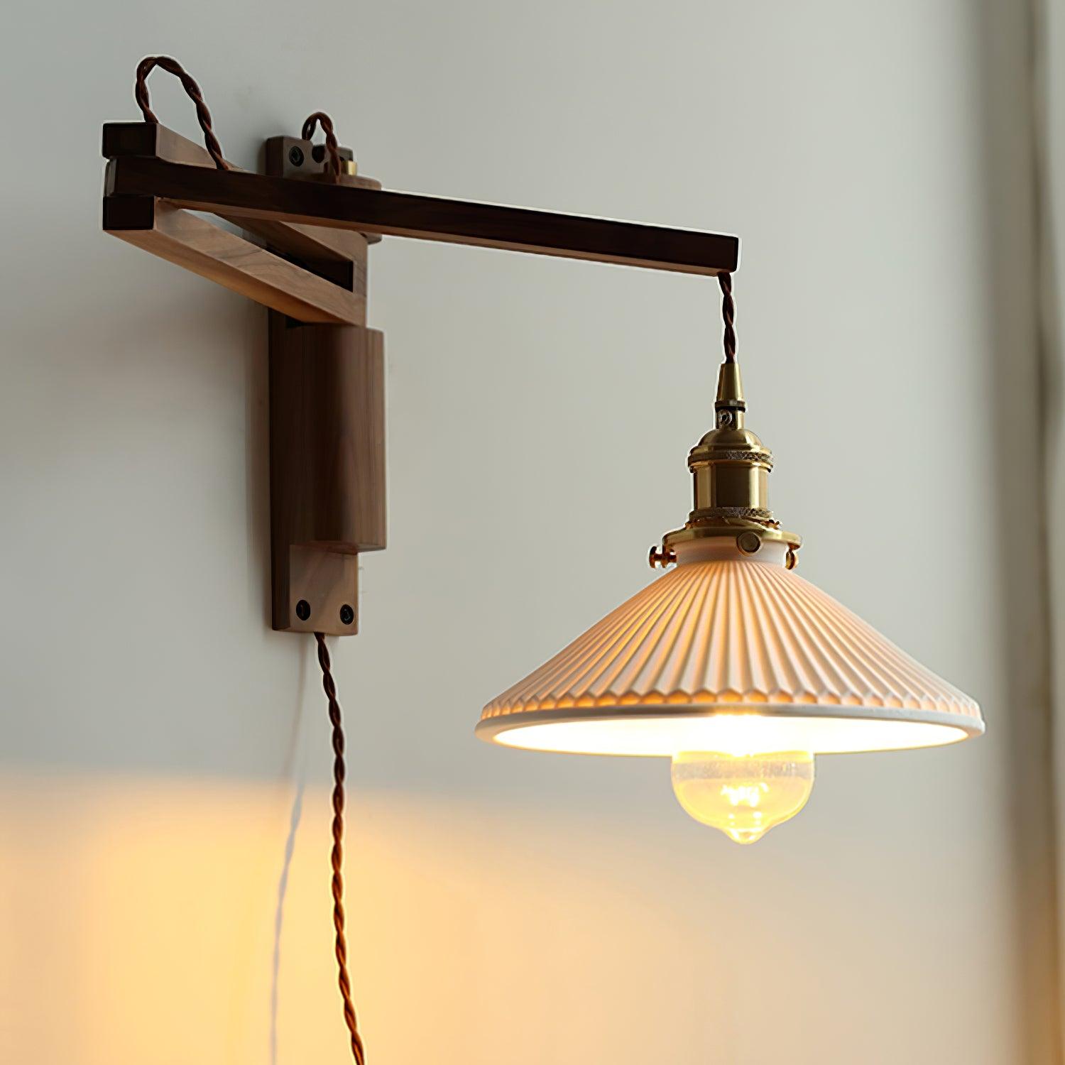Modern Walnut Wood Swing Arm Wall Light with White Pleated Ceramic Shade