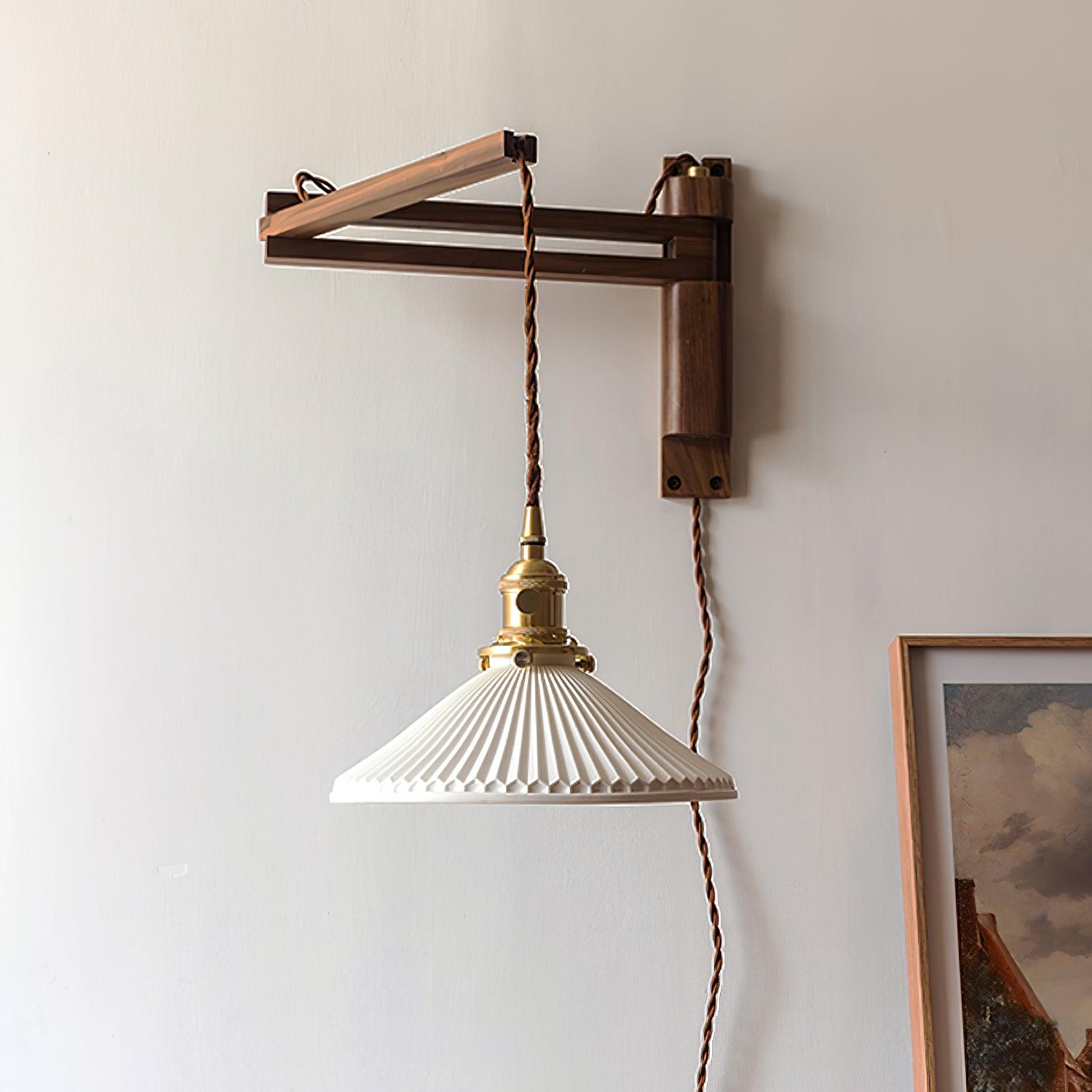 Modern Walnut Wood Swing Arm Wall Light with White Pleated Ceramic Shade