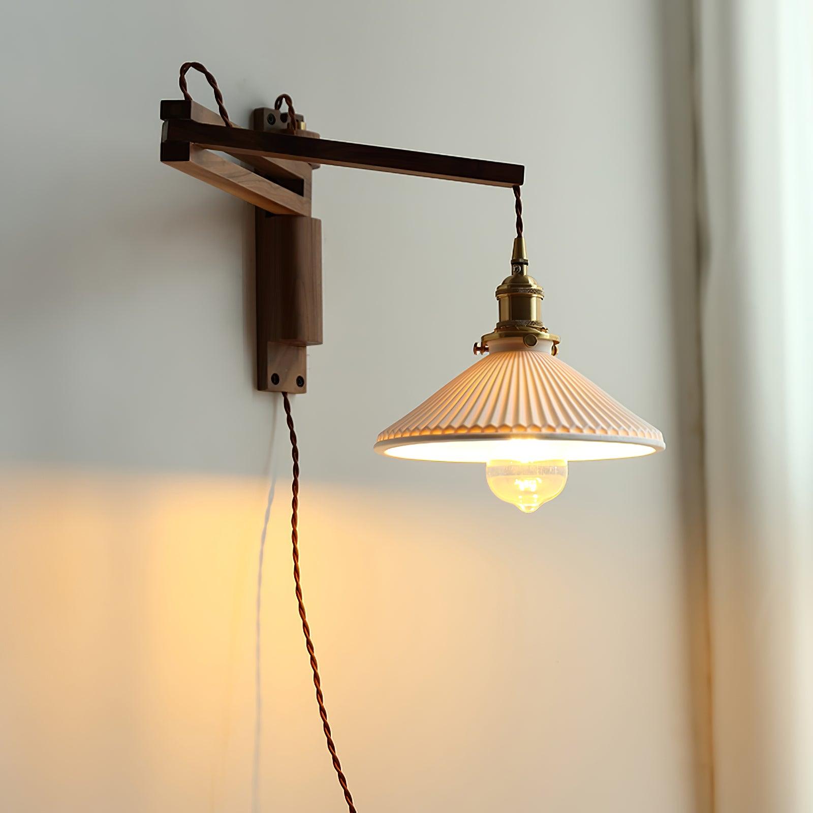 Modern Walnut Wood Swing Arm Wall Light with White Pleated Ceramic Shade