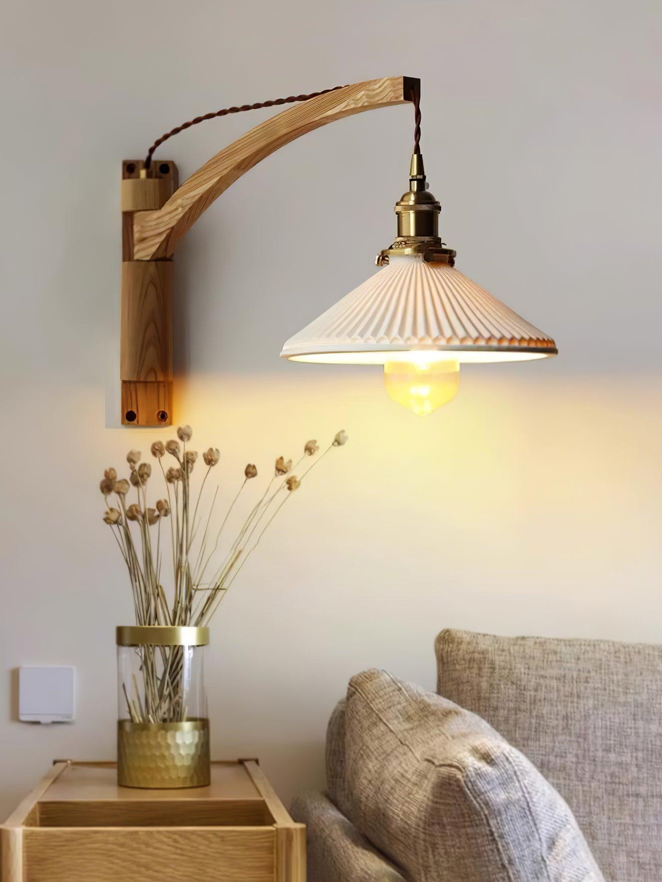 Modern Walnut Wood Swing Arm Wall Light with White Pleated Ceramic Shade