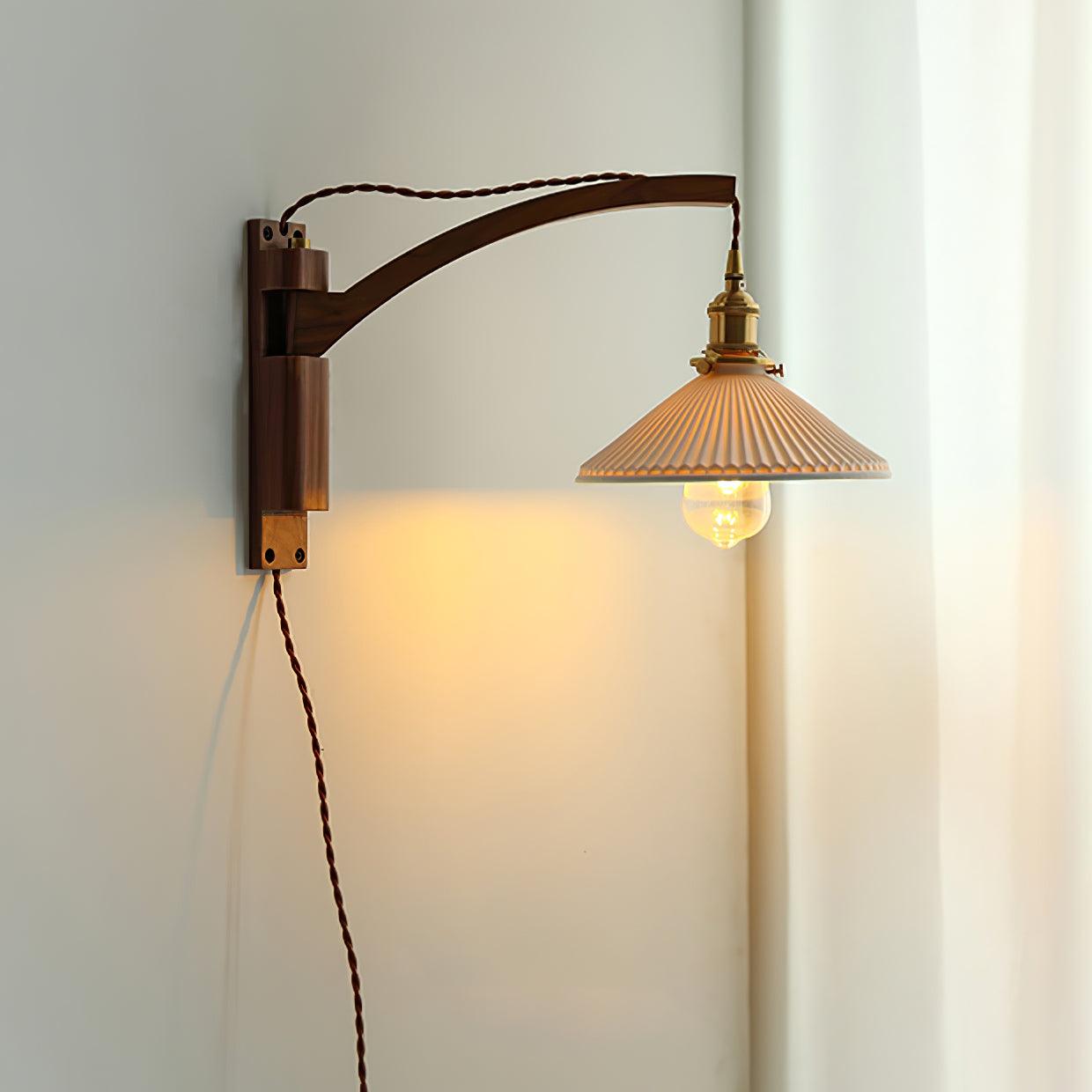 Modern Walnut Wood Swing Arm Wall Light with White Pleated Ceramic Shade