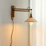 Modern Walnut Wood Swing Arm Wall Light with White Pleated Ceramic Shade