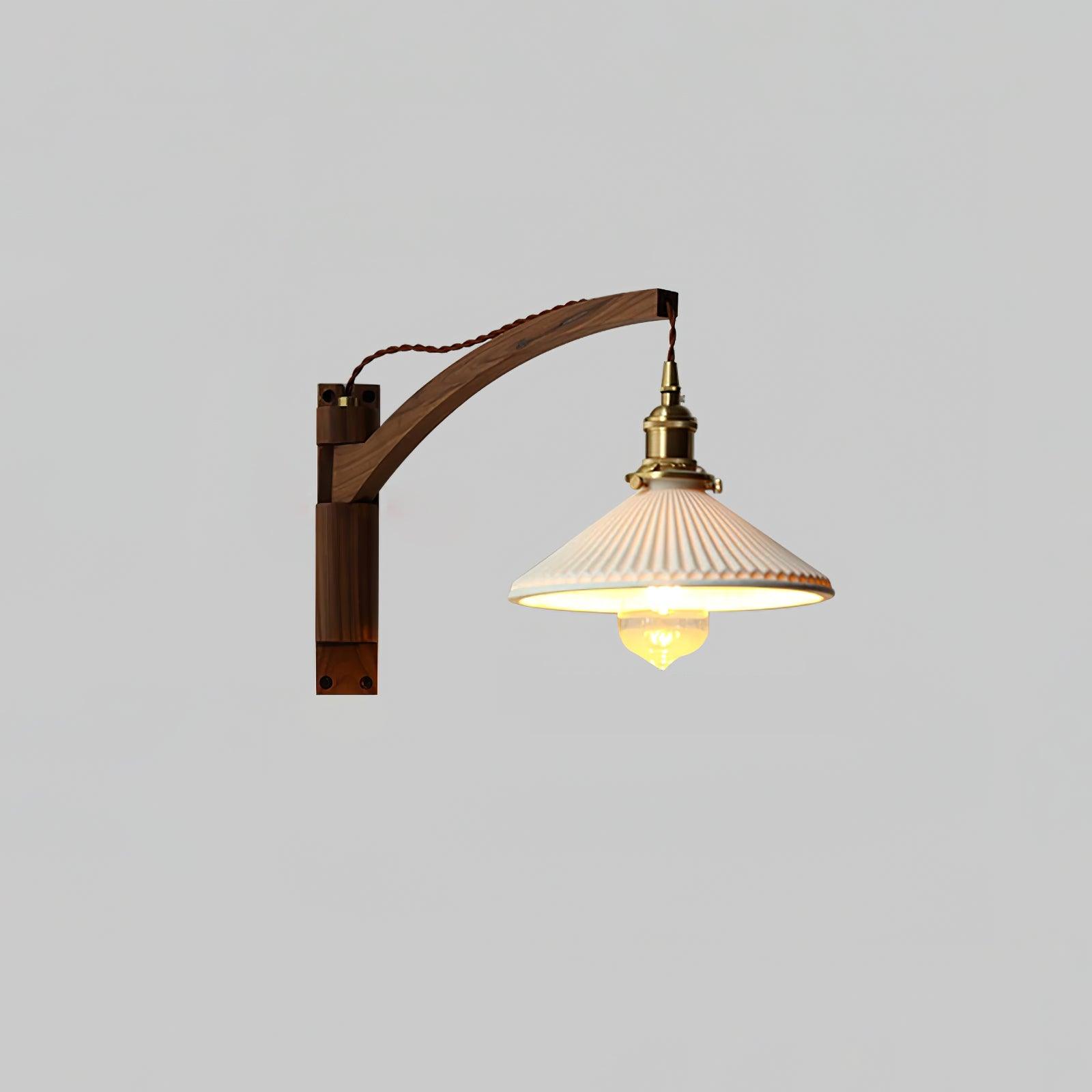Modern Walnut Wood Swing Arm Wall Light with White Pleated Ceramic Shade