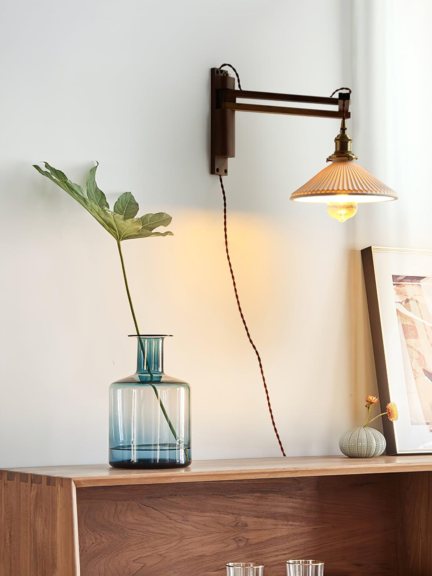 Modern Walnut Wood Swing Arm Wall Light with White Pleated Ceramic Shade