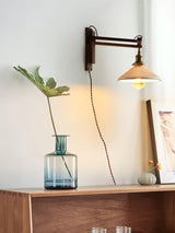 Modern Walnut Wood Swing Arm Wall Light with White Pleated Ceramic Shade