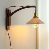 Modern Walnut Wood Swing Arm Wall Light with White Pleated Ceramic Shade