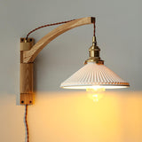 Modern Walnut Wood Swing Arm Wall Light with White Pleated Ceramic Shade