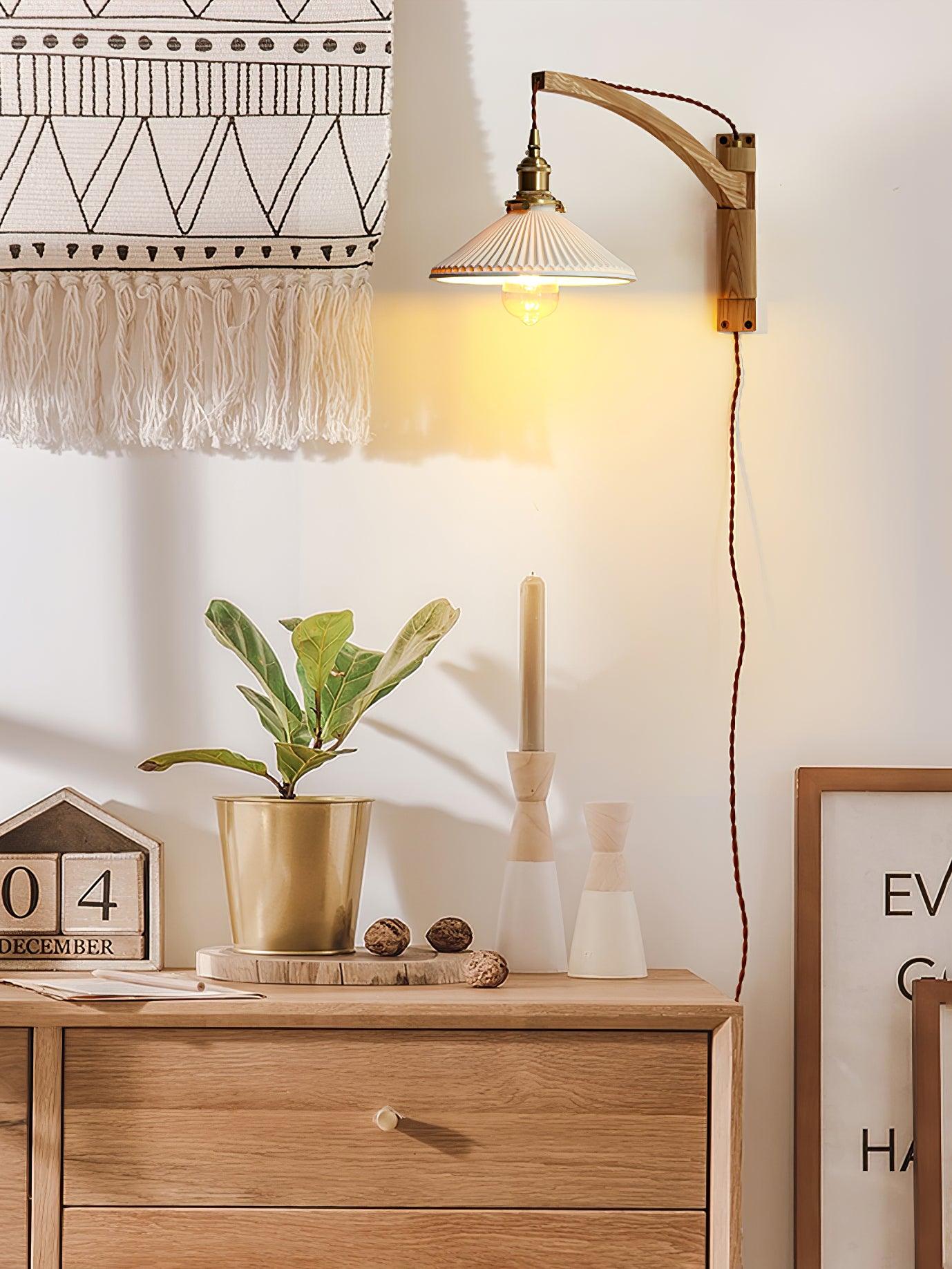 Modern Walnut Wood Swing Arm Wall Light with White Pleated Ceramic Shade