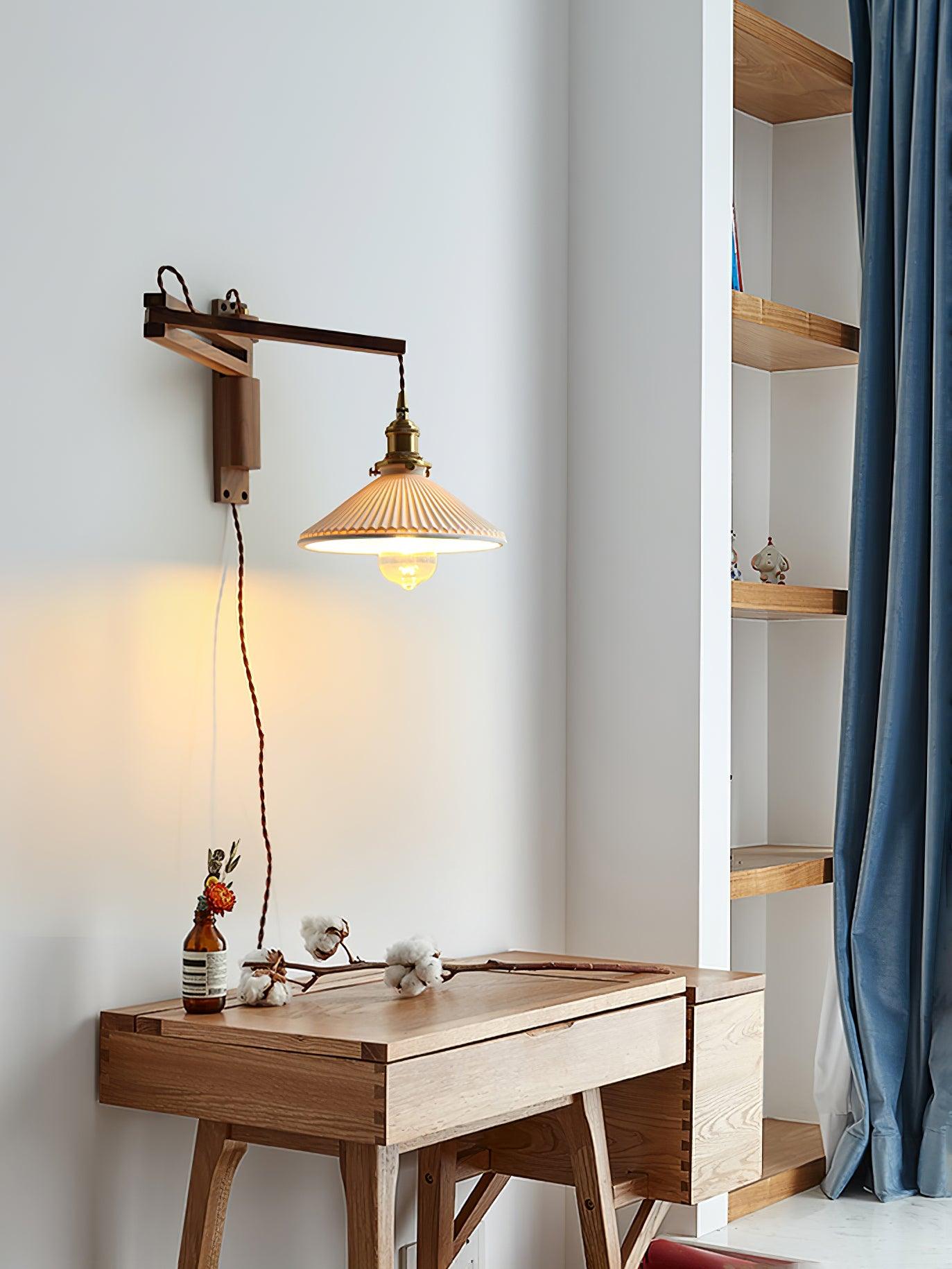 Modern Walnut Wood Swing Arm Wall Light with White Pleated Ceramic Shade