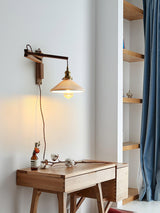 Modern Walnut Wood Swing Arm Wall Light with White Pleated Ceramic Shade
