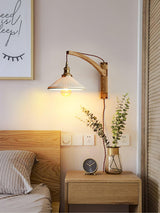 Modern Walnut Wood Swing Arm Wall Light with White Pleated Ceramic Shade