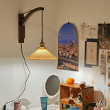 Modern Walnut Wood Swing Arm Wall Light with White Pleated Ceramic Shade