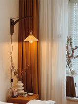 Modern Walnut Wood Swing Arm Wall Light with White Pleated Ceramic Shade