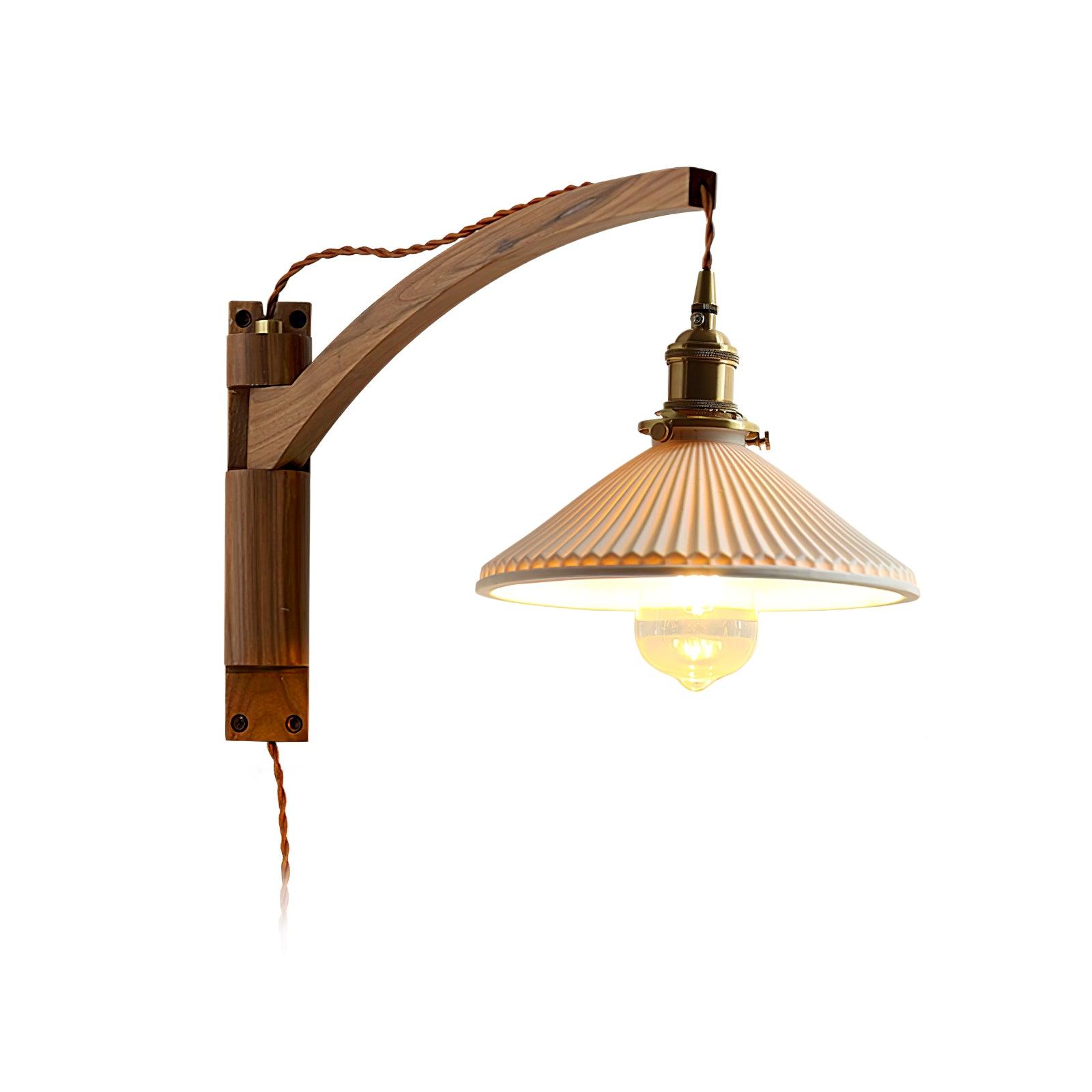 Modern Walnut Wood Swing Arm Wall Light with White Pleated Ceramic Shade