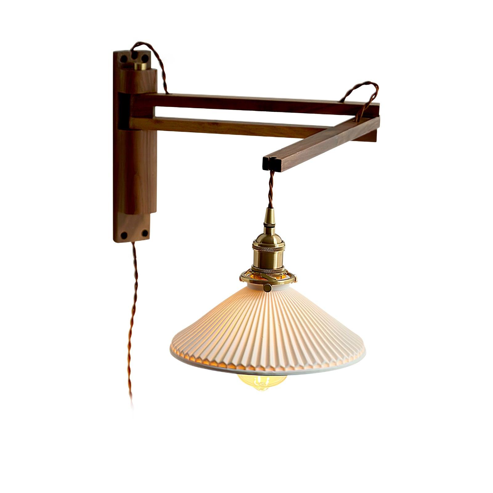 Modern Walnut Wood Swing Arm Wall Light with White Pleated Ceramic Shade