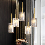 Modern Water Ripple Crystal Cube Pendant Light Brass Copper Rod Hanging Lamp for Kitchen Island
