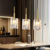 Modern Water Ripple Crystal Cube Pendant Light Brass Copper Rod Hanging Lamp for Kitchen Island