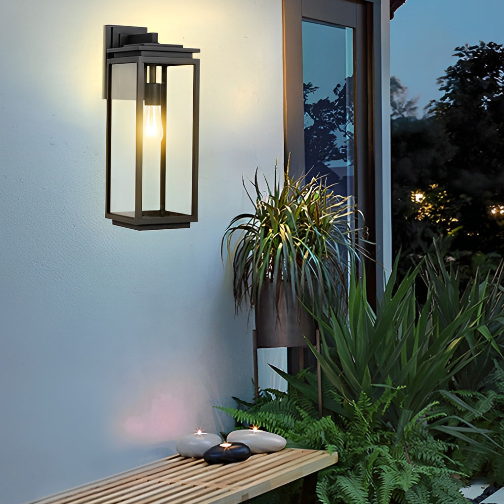Modern Waterproof Black Industrial Outdoor Wall Sconce with Rectangular Glass Shade for Exterior Lighting