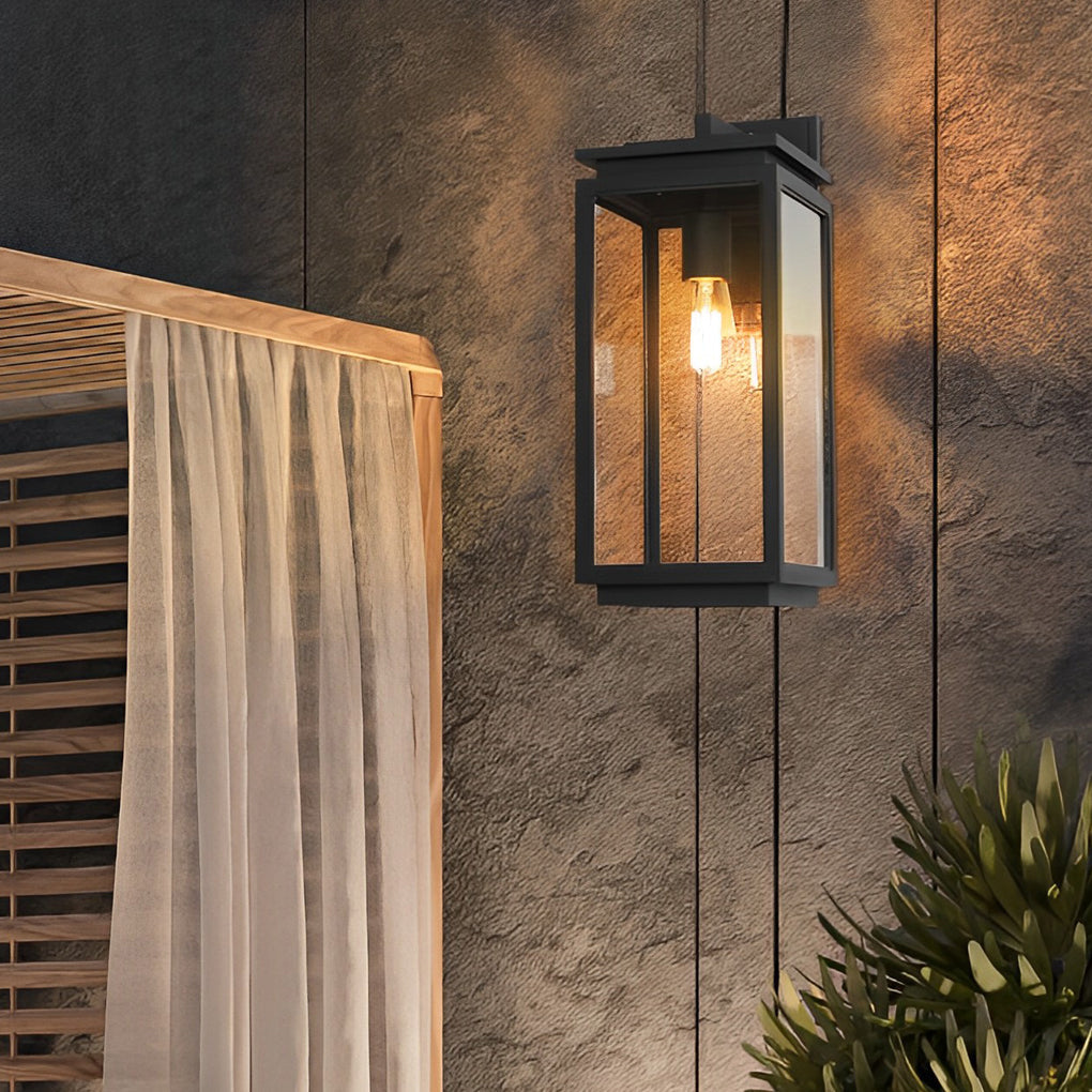 Modern Waterproof Black Industrial Outdoor Wall Sconce with Rectangular Glass Shade for Exterior Lighting