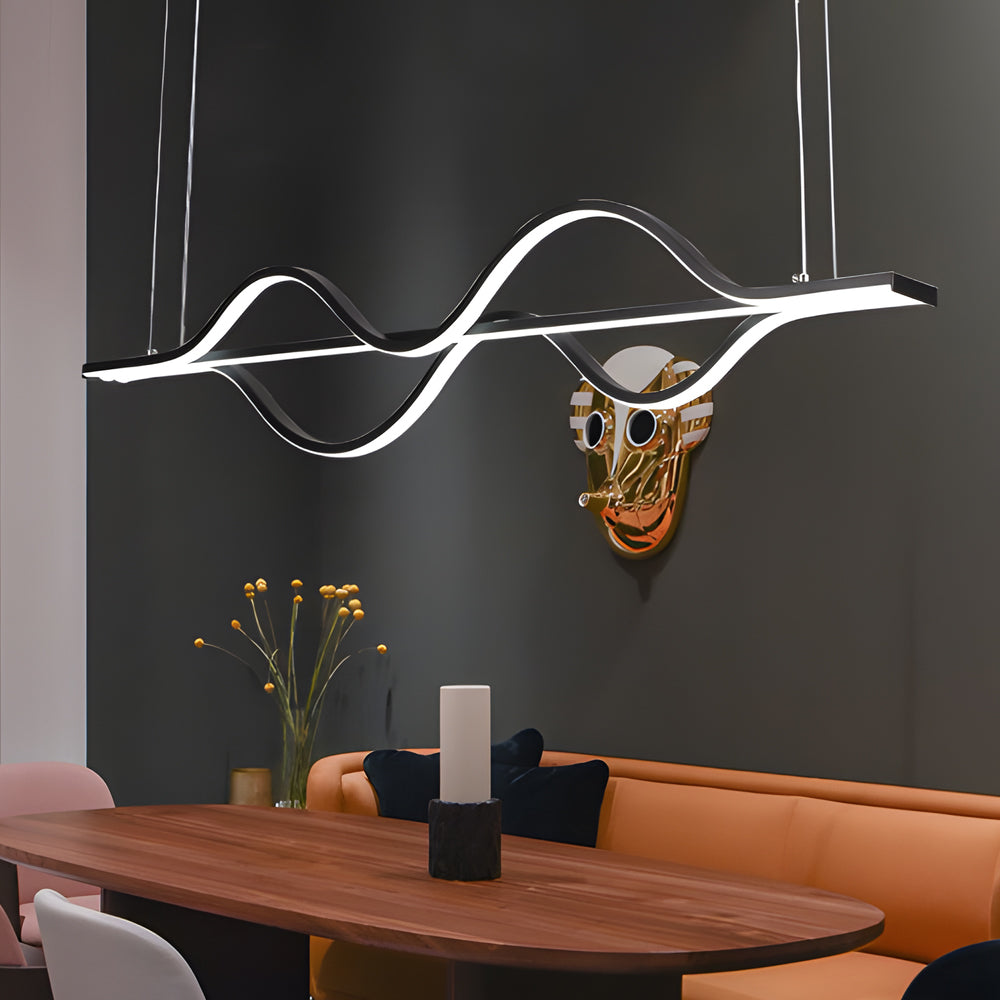 Modern Wave Linear LED Pendant Light 3 Step Dimming Black Aluminum Dining Room Chandelier
