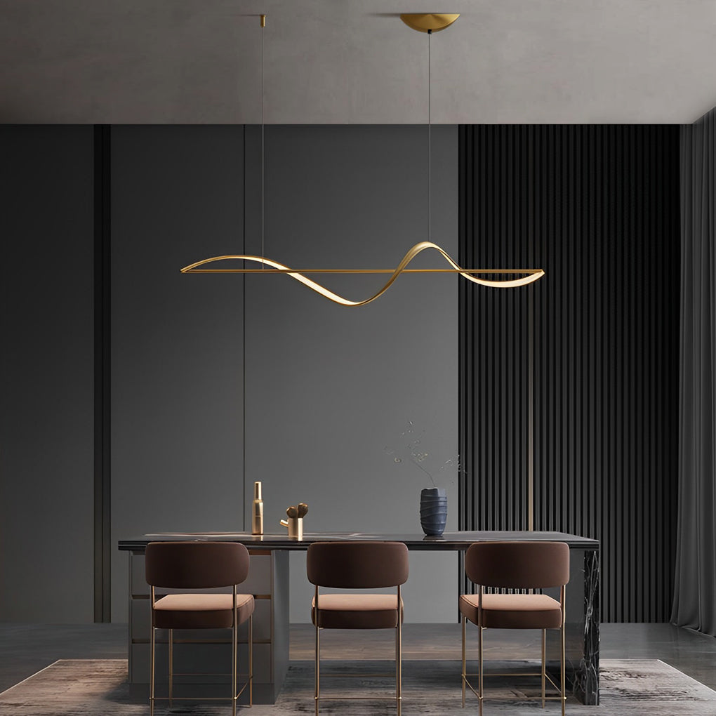 Modern Wave Linear LED Pendant Light Copper Minimalist Dining Room Island Chandelier